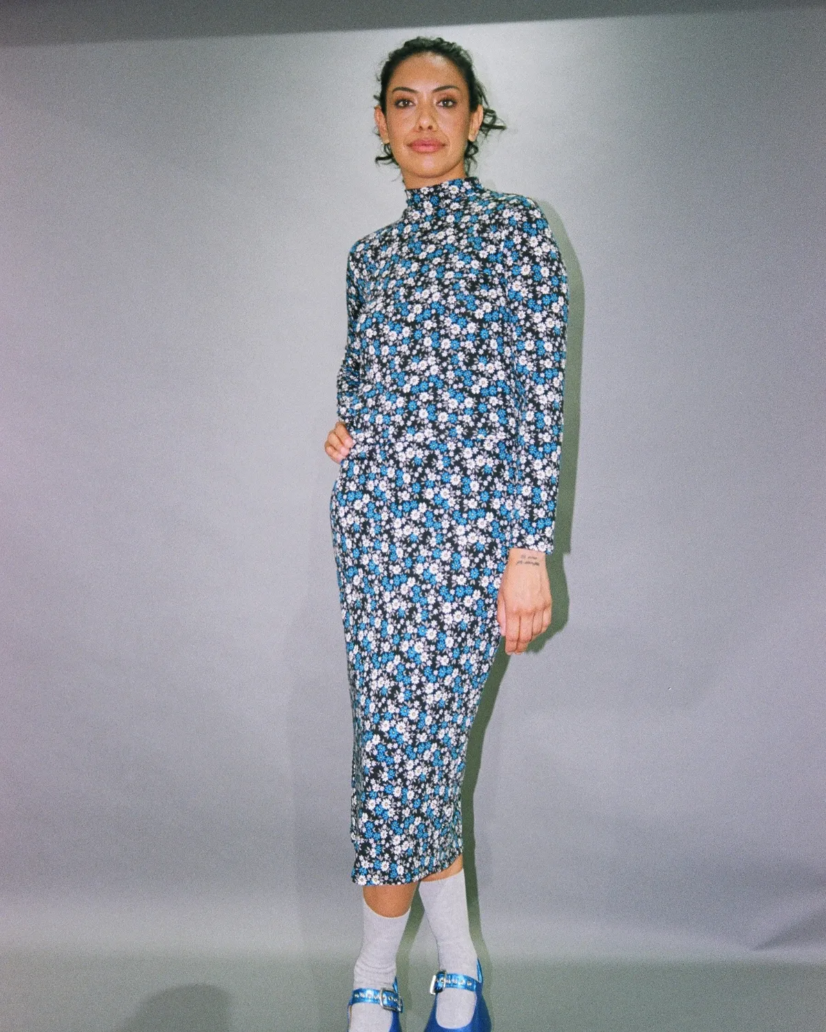 90's Blue Floral Print Dress Set