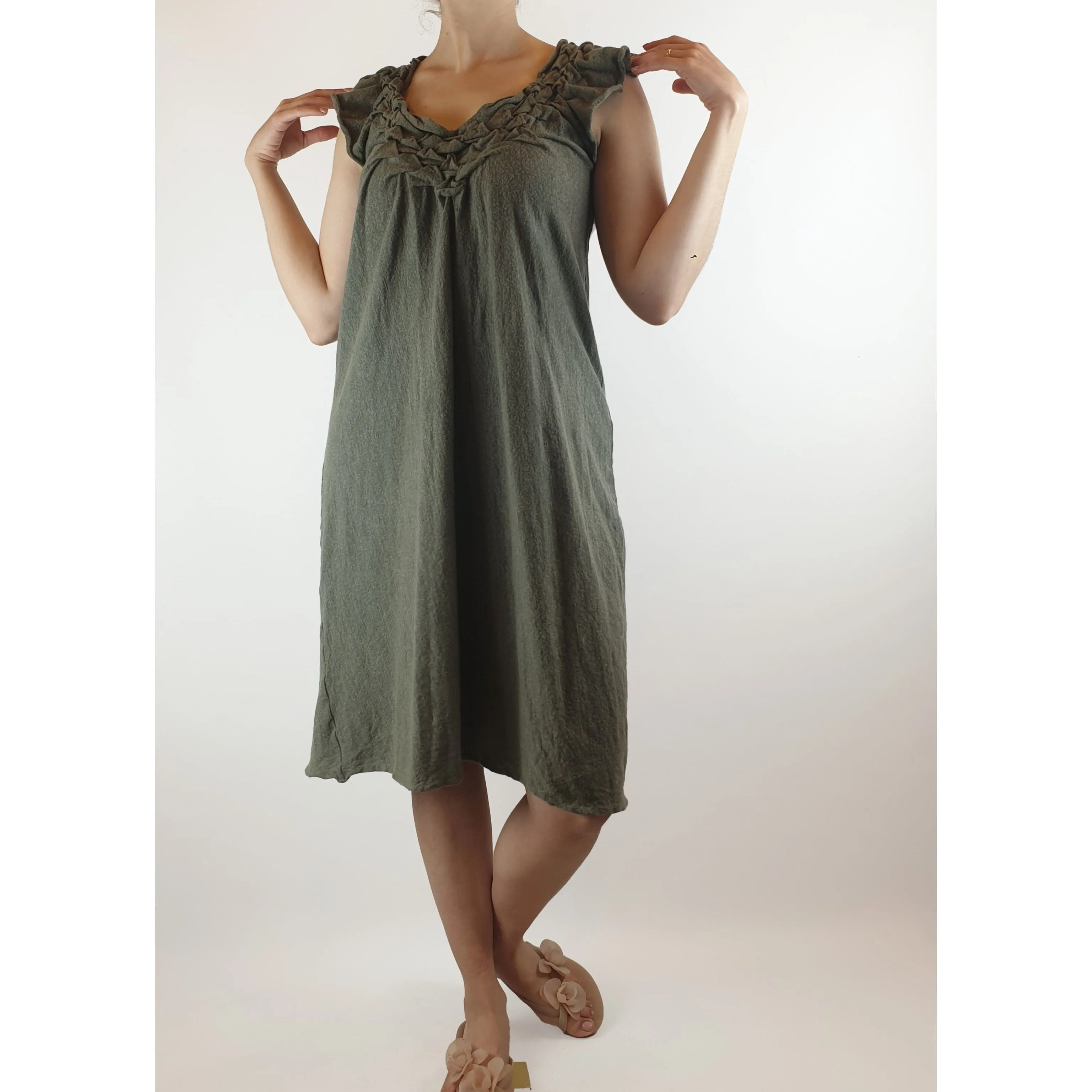 Akira Isogawa grey stretchy feel dress with unique and pretty bunching neckline size S/AU 10