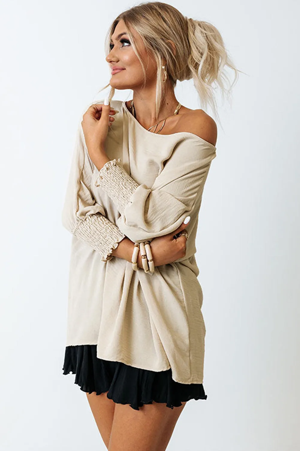 Apricot Smocked Wrist Shift Top