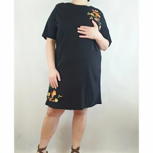 Asos second hand black tee shirt dress with embroydered flowers size UK 18