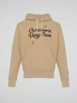 Beige Pompom Script Hooded Sweatshirt