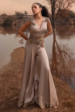 Beige Sleeveless Flared Jumpsuit