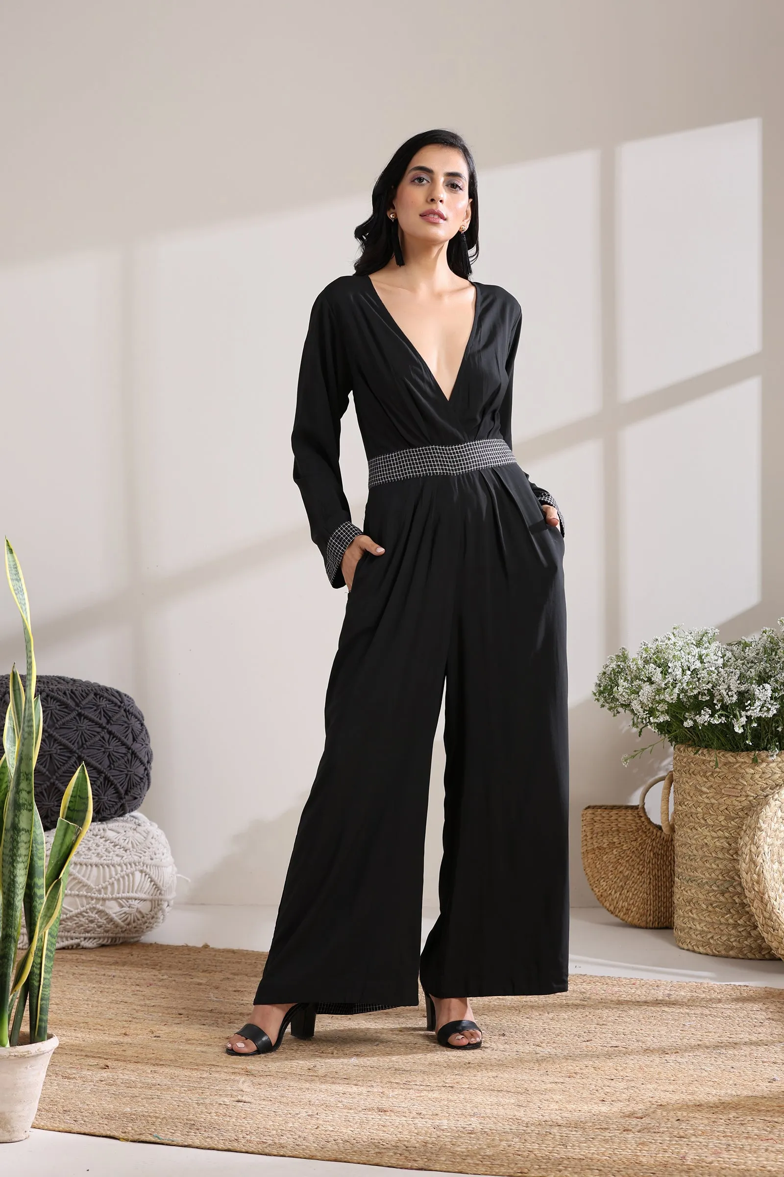 BELTED CHECK JUMPSUIT