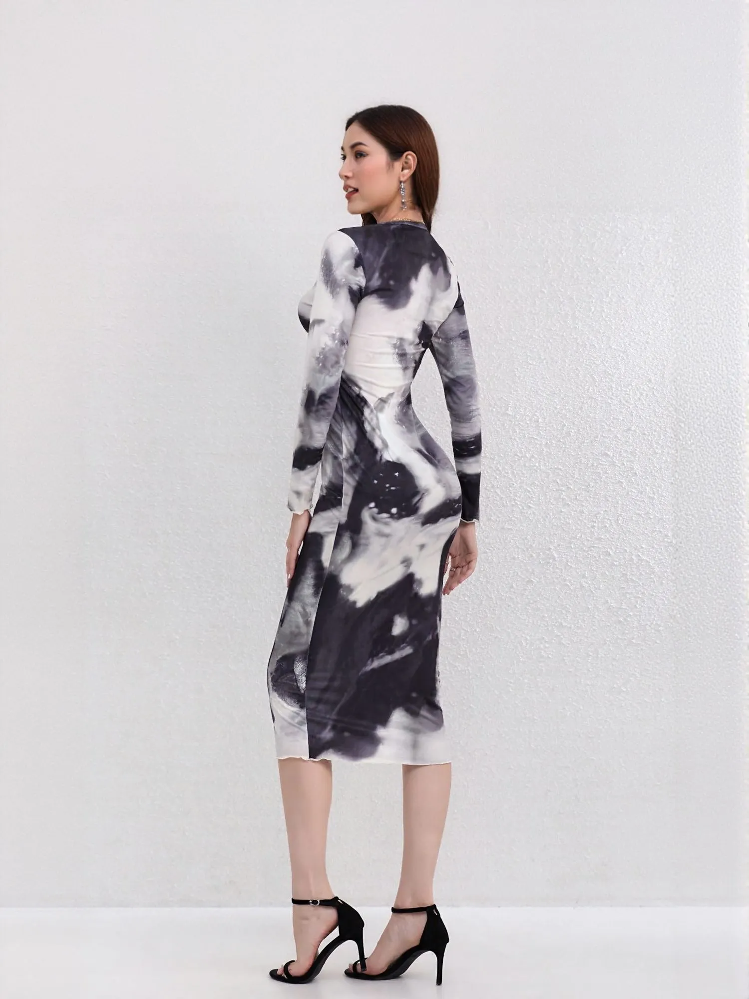 Black Abstract Print Fitted Dress