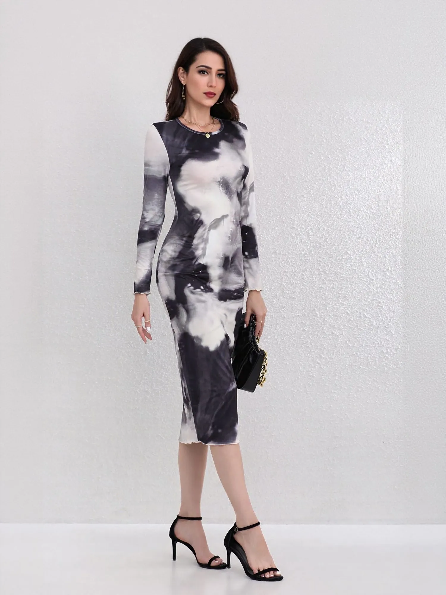 Black Abstract Print Fitted Dress