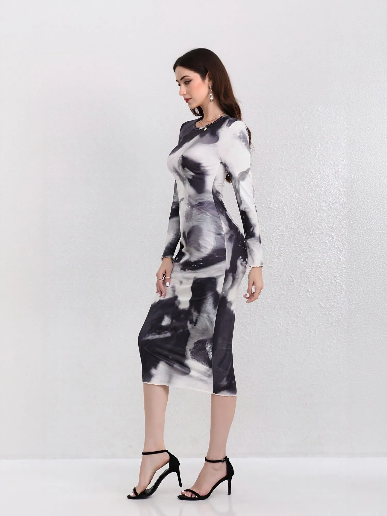 Black Abstract Print Fitted Dress