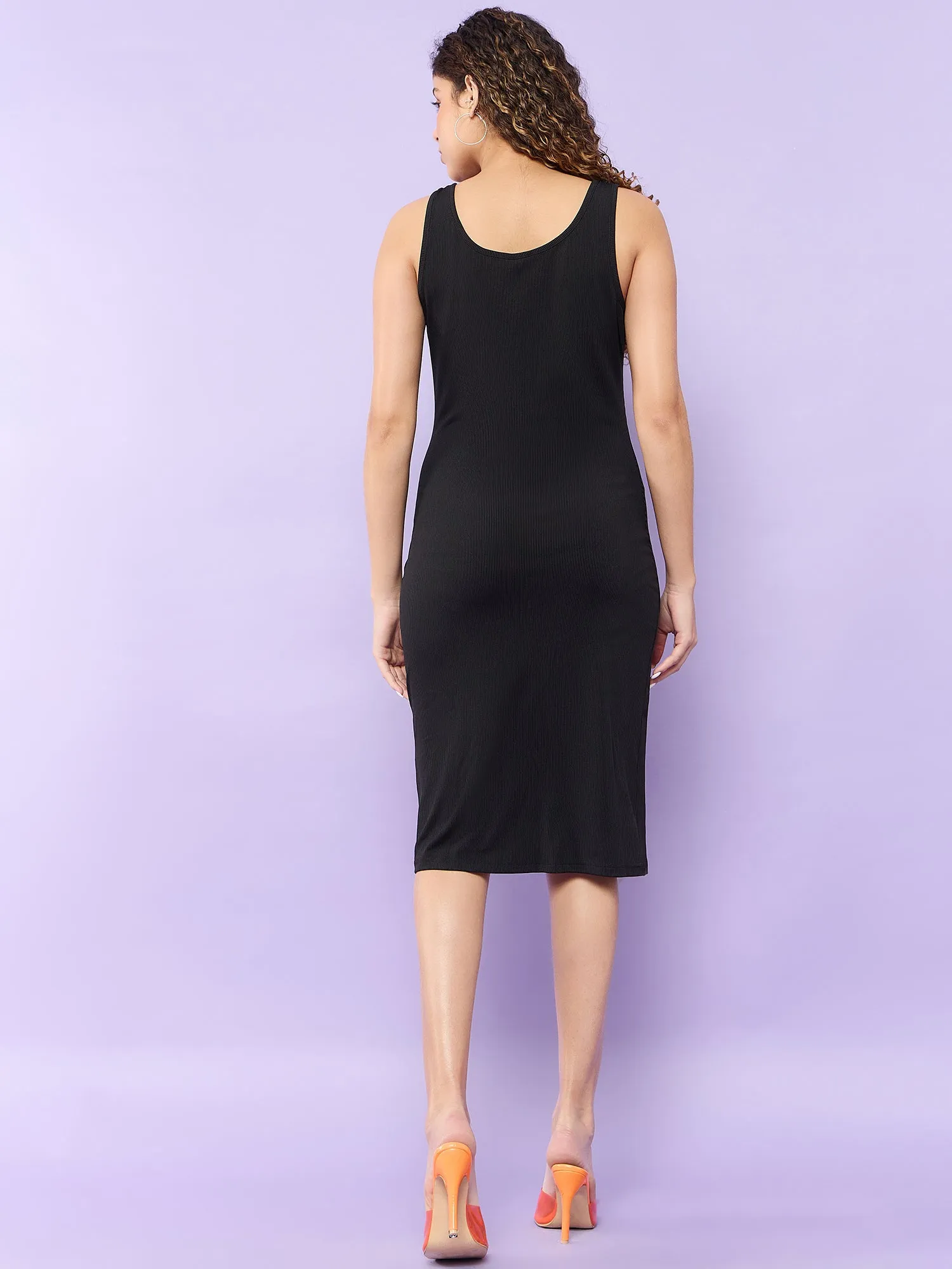 Black Button Down Rib Fitted Dress