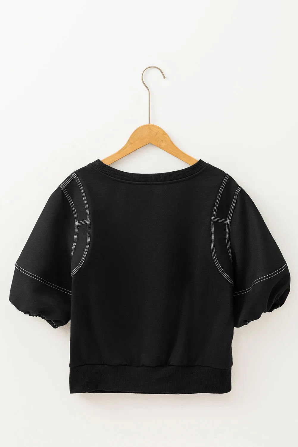 Black Contrast Stitches Detail Puffy Half Sleeve Blouse