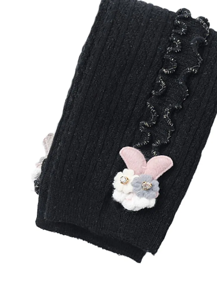Black Flower Frills Bunny Footless Girls Tights/ Leggings