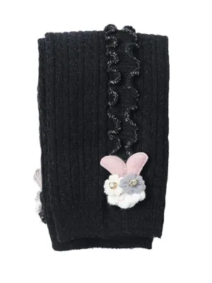 Black Flower Frills Bunny Footless Girls Tights/ Leggings