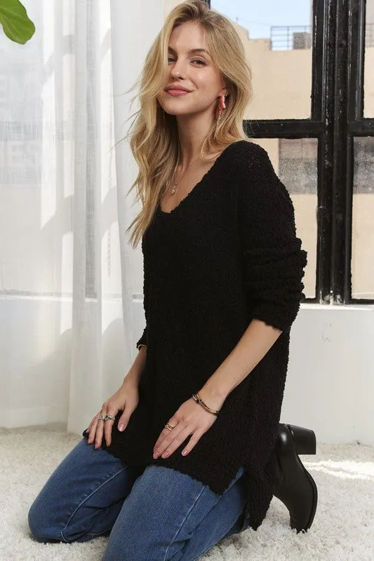 Black High-Low Side Slit V-Neck Sweater