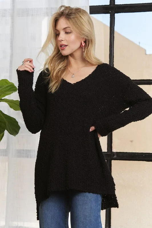 Black High-Low Side Slit V-Neck Sweater