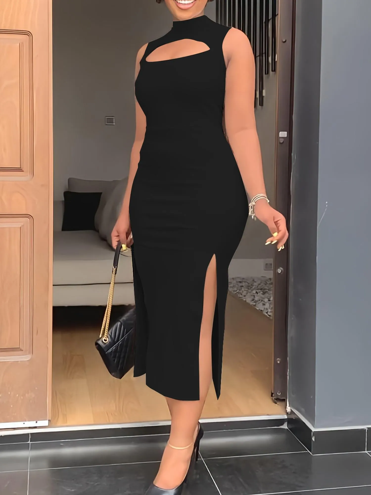 Black Key Hole Double Slit Fitted Dress
