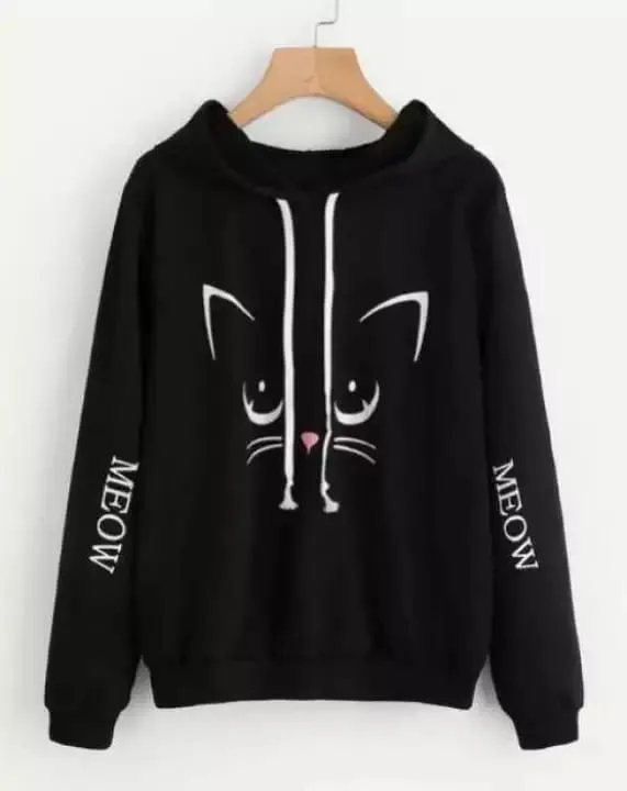 Black Meow Fleece Full Sleeves Pull Over Hoodie For Women
