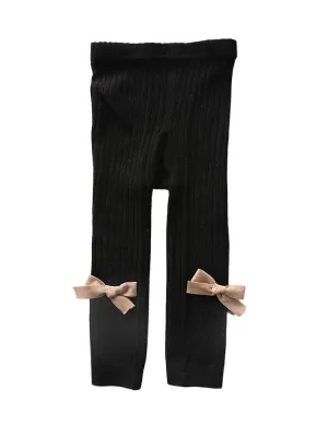 Black Ribbon Bow Ribbed Footless Girls Tights/ Leggings