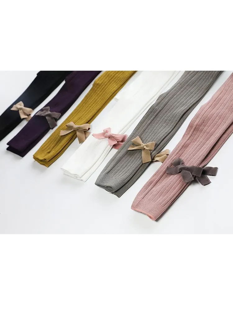 Black Ribbon Bow Ribbed Footless Girls Tights/ Leggings