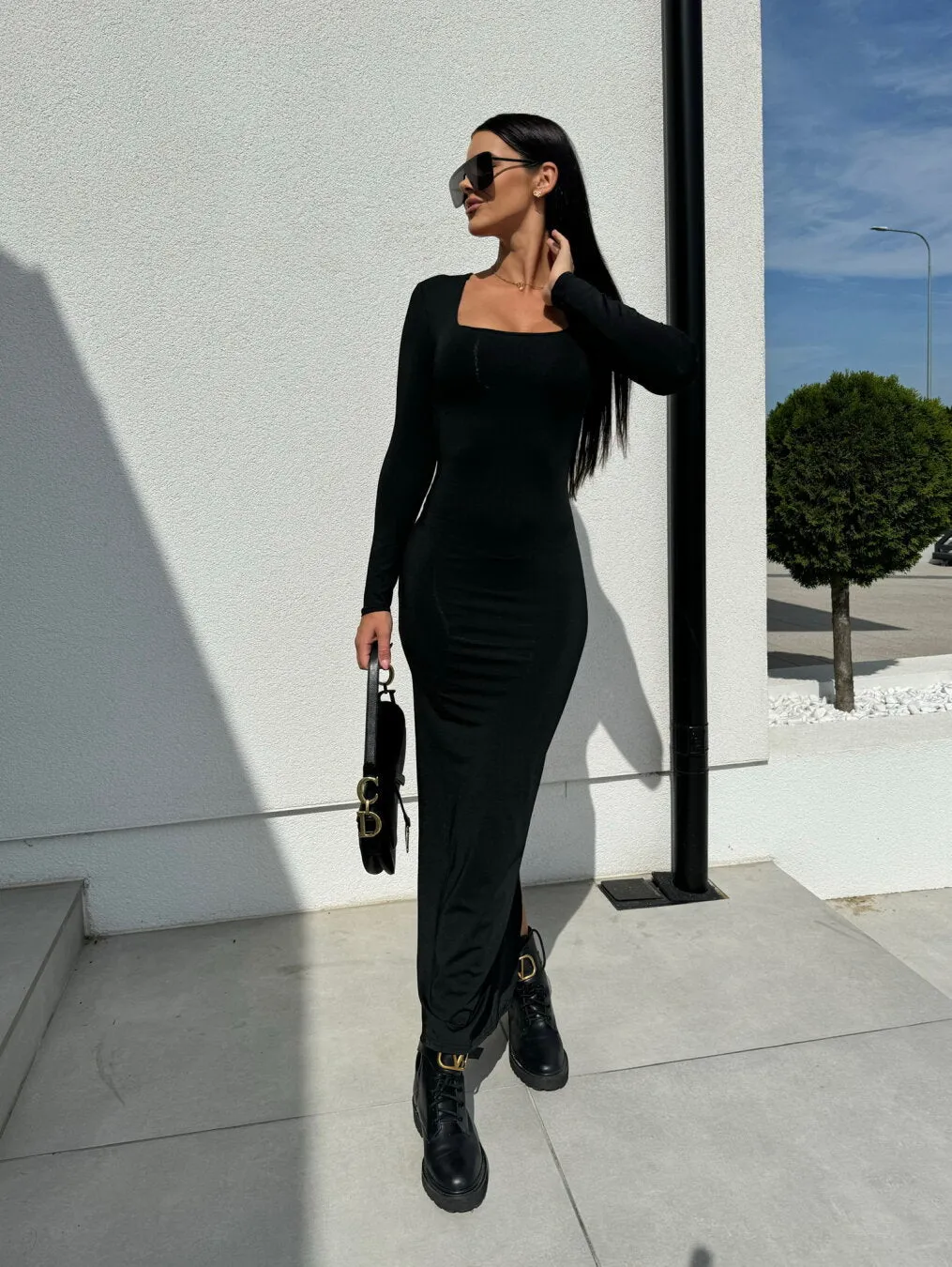 Black Square Neck Fitted Maxi Dress