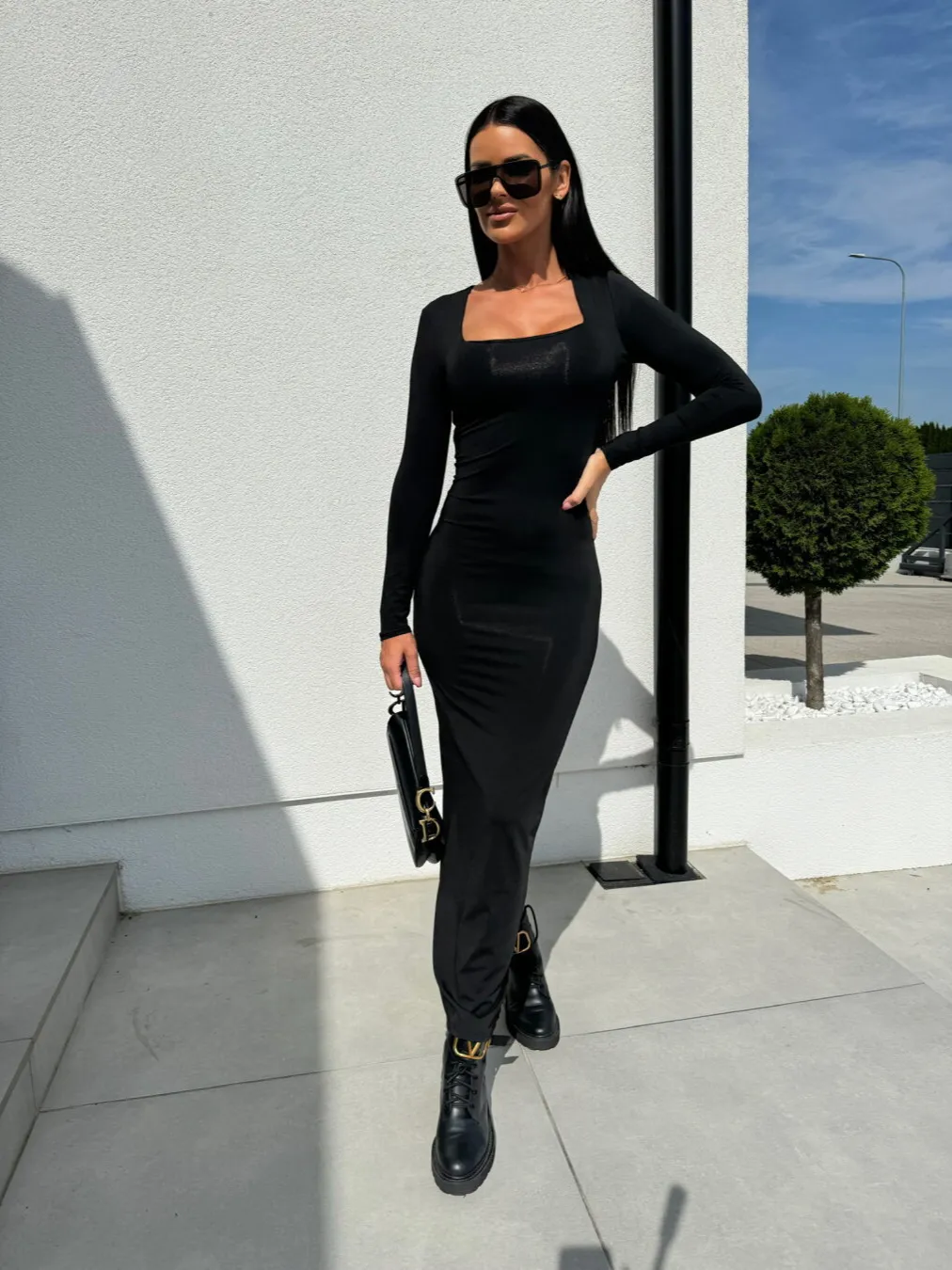 Black Square Neck Fitted Maxi Dress