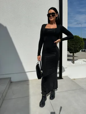 Black Square Neck Fitted Maxi Dress