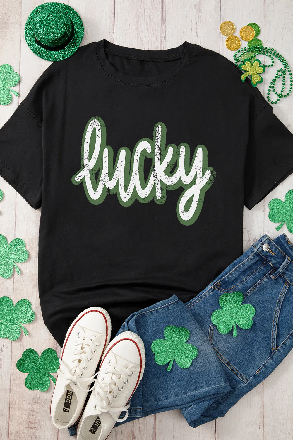 Black St Patricks Day lucky Cracked Letter Graphic T Shirt