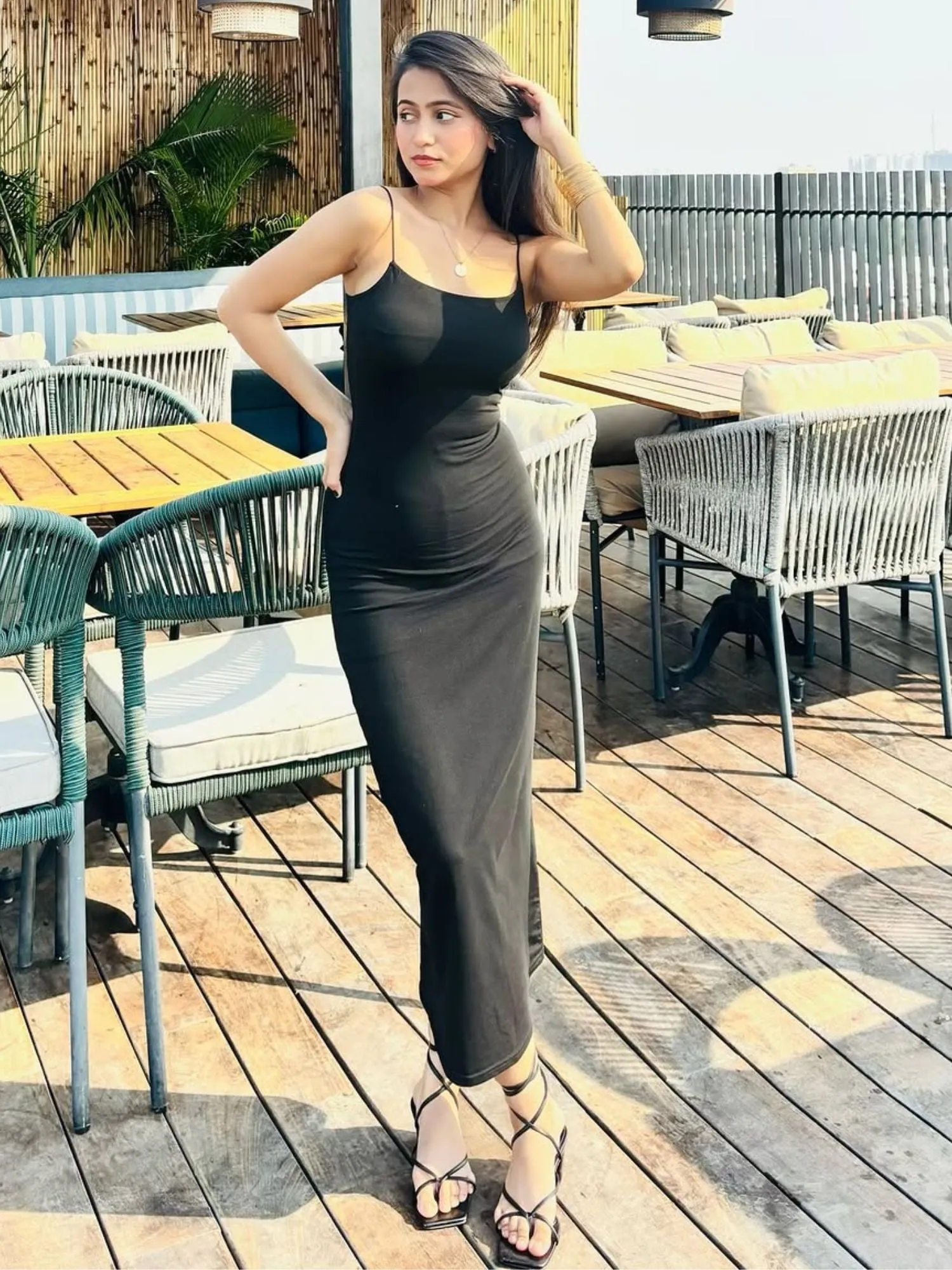 Black-Strappy Fitted Maxi Dress