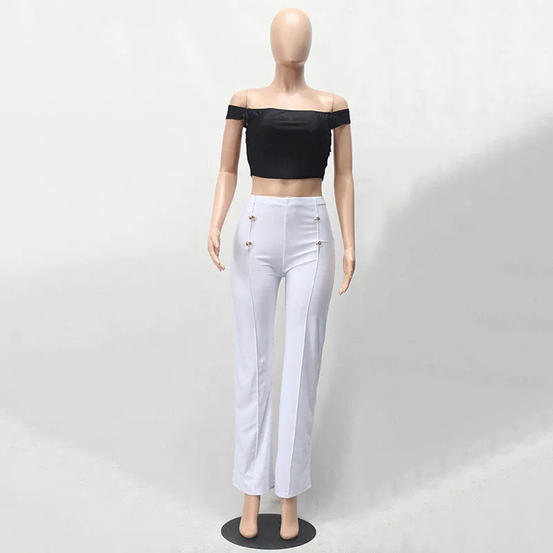 Black White Button Two Piece Bodysuit Long Pants Jumpsuit