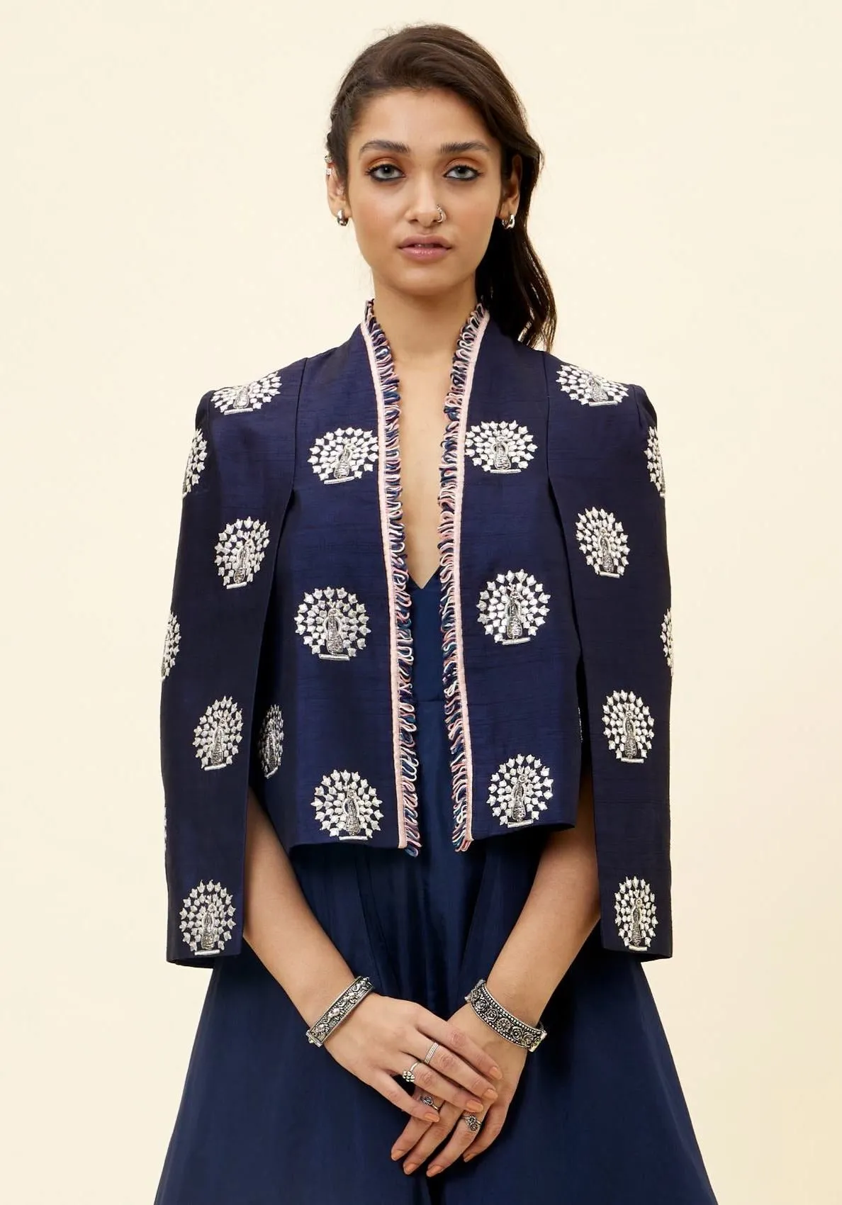 Blue Peacock Motif Jacket With Layered Jumpsuit
