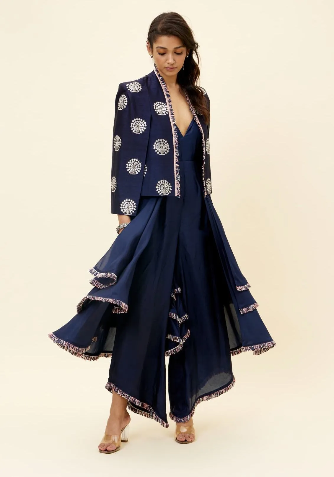 Blue Peacock Motif Jacket With Layered Jumpsuit