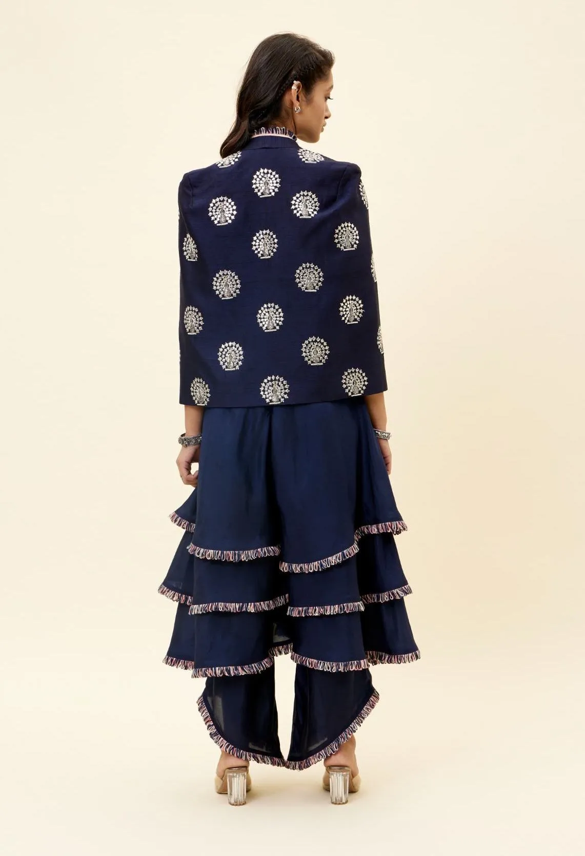 Blue Peacock Motif Jacket With Layered Jumpsuit