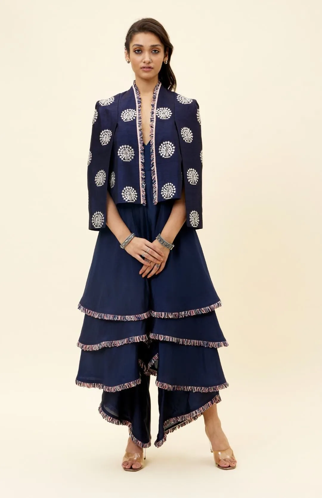 Blue Peacock Motif Jacket With Layered Jumpsuit