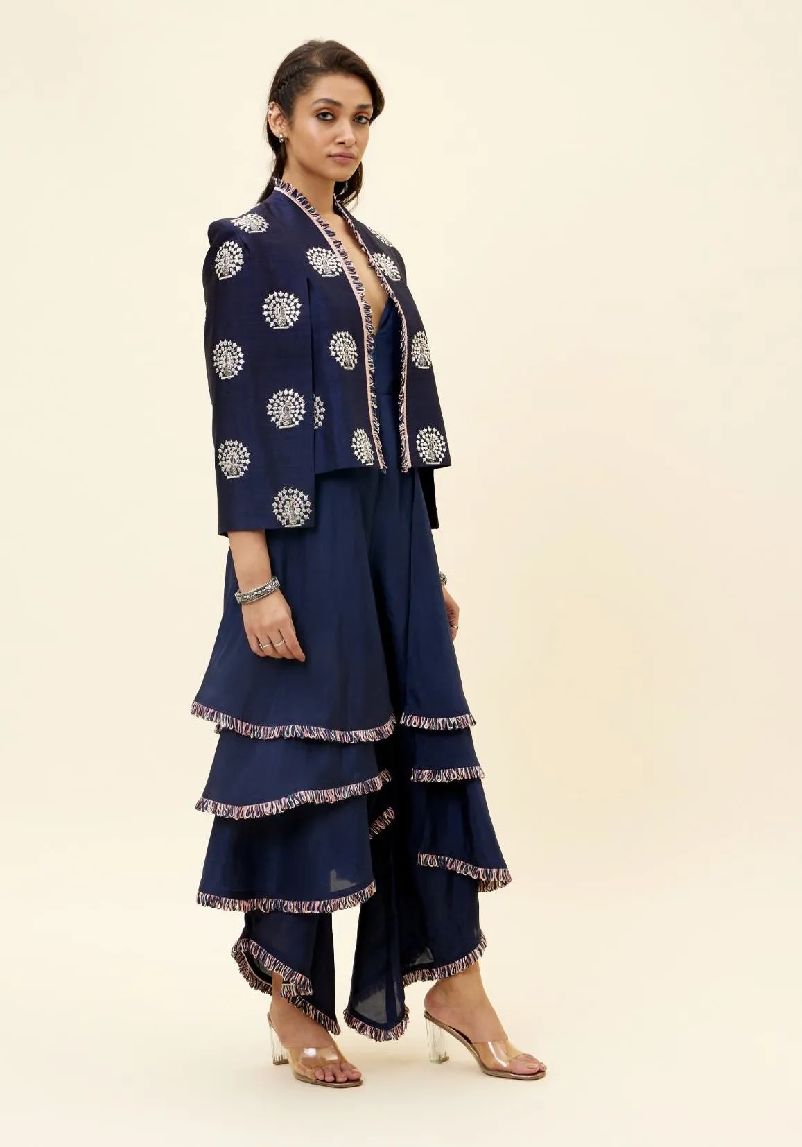 Blue Peacock Motif Jacket With Layered Jumpsuit