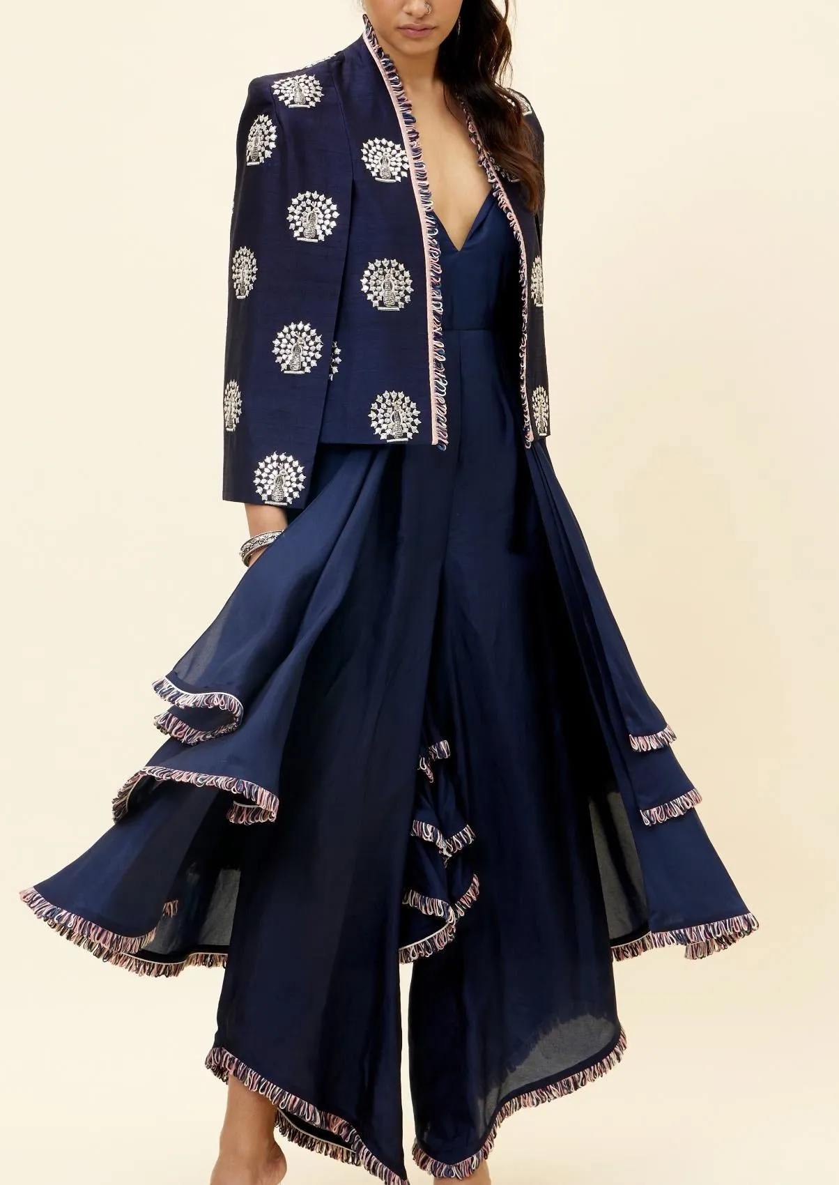 Blue Peacock Motif Jacket With Layered Jumpsuit