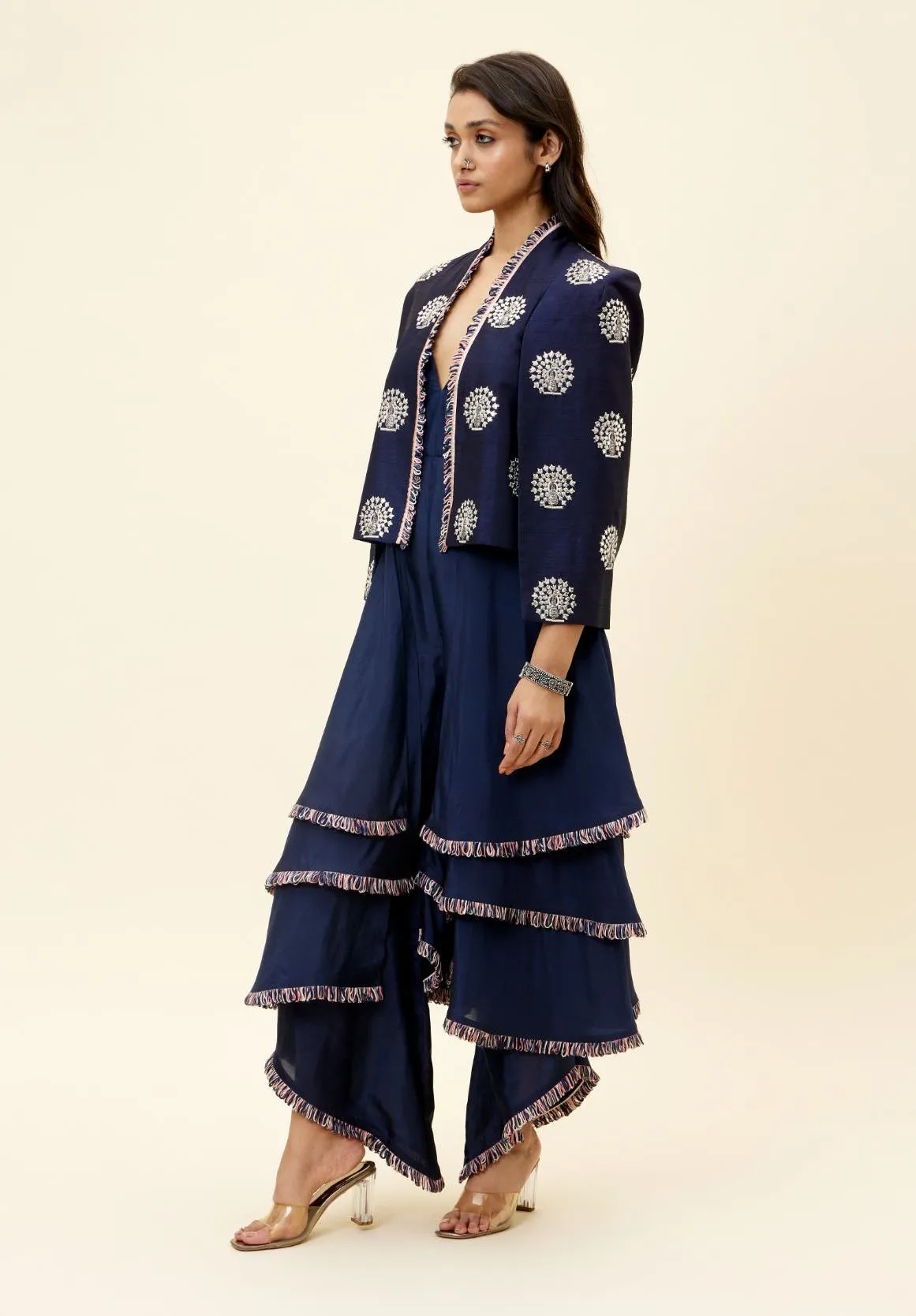 Blue Peacock Motif Jacket With Layered Jumpsuit