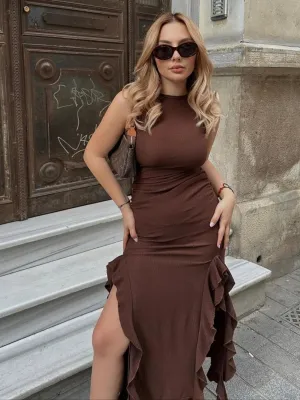 Brown Fitted Thigh Slitted Dress