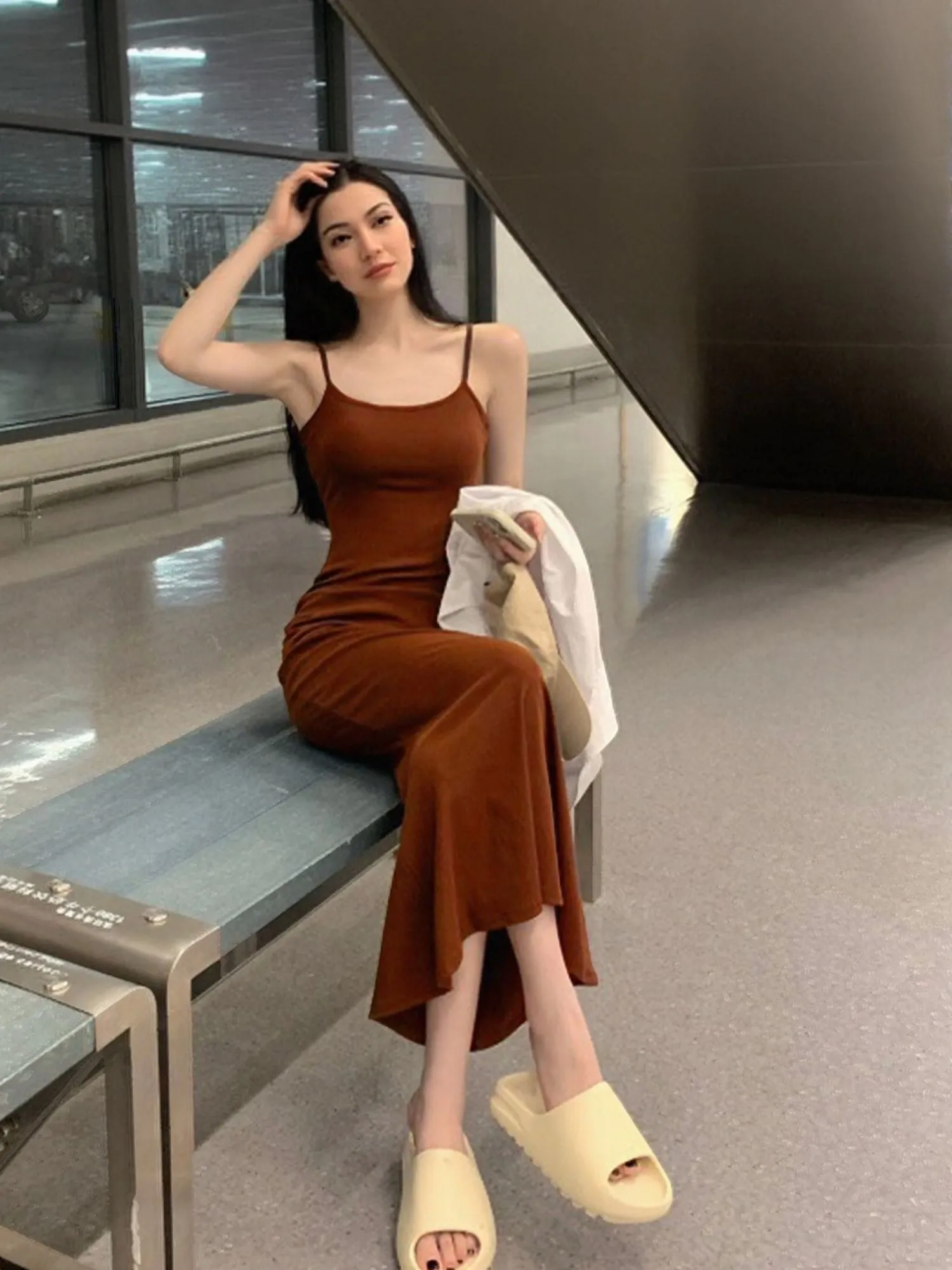 Brown Solid Fitted Midi Dress