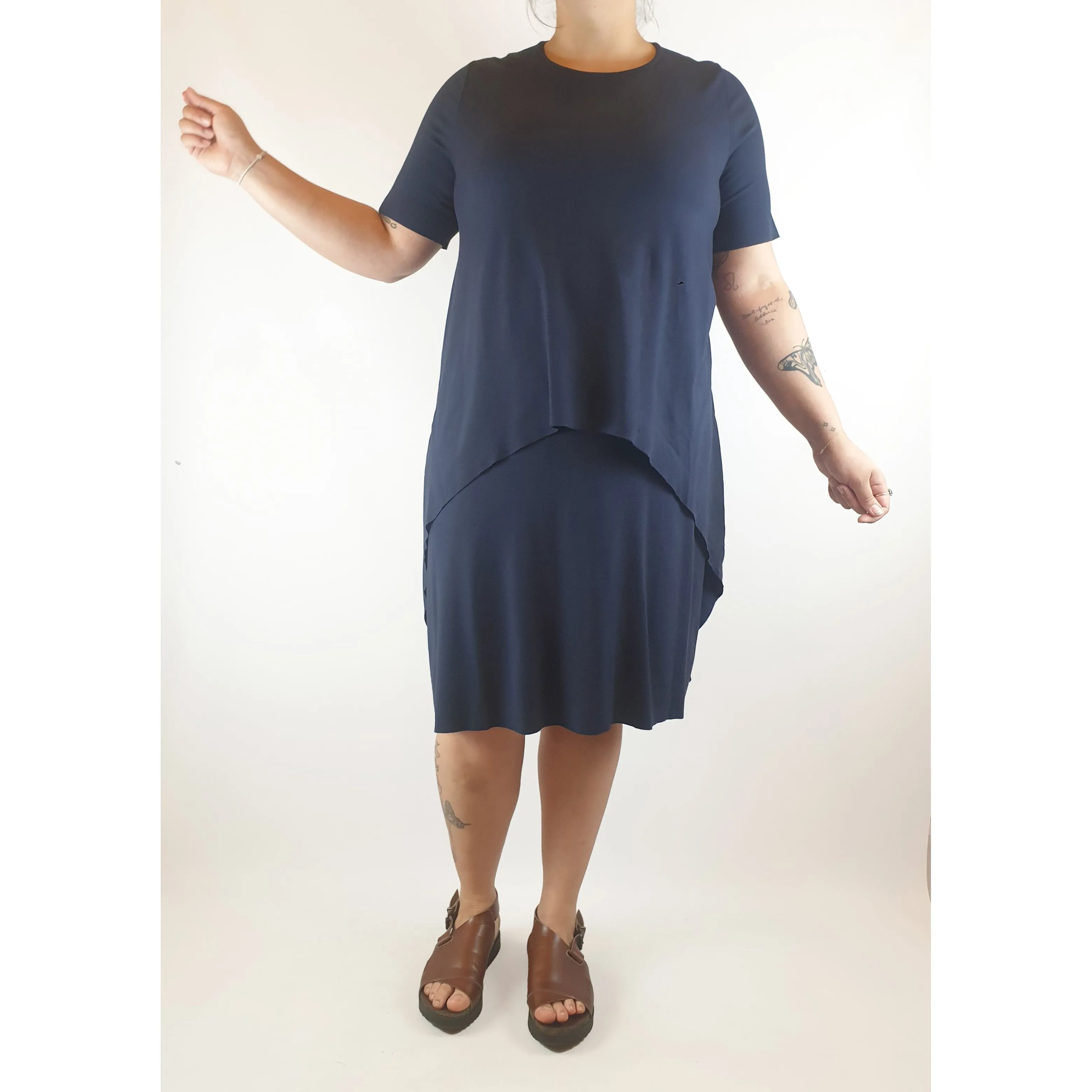 Cos pre-owned navy tee shirt dress with front layered detail size L (best fits size 14)