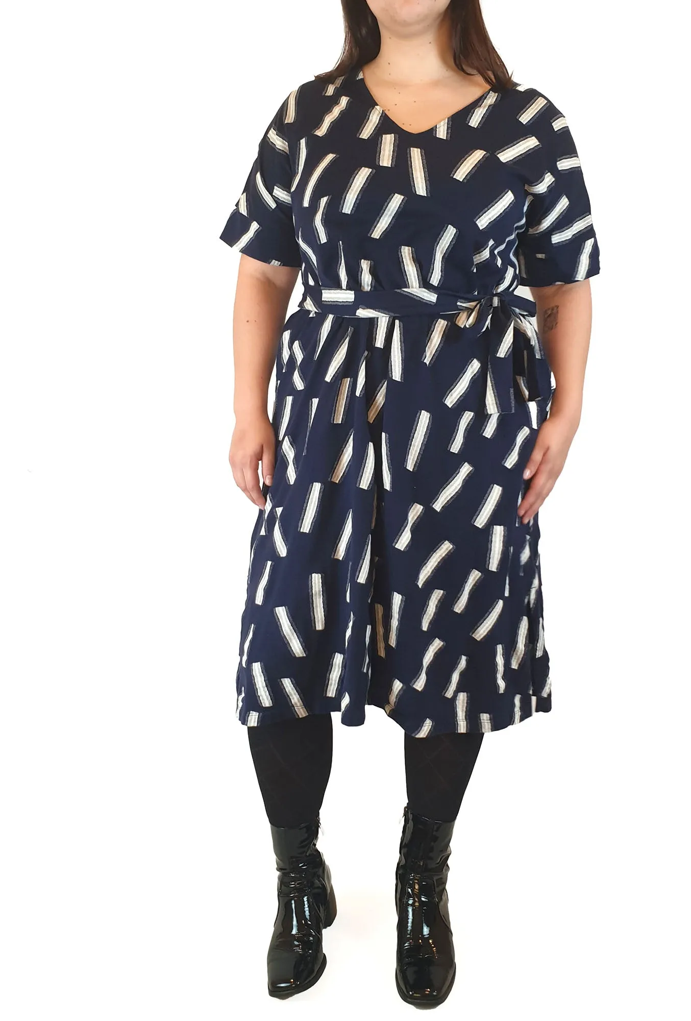 Elk navy dress with white stripe print size M/L, easily fits up to a size 16