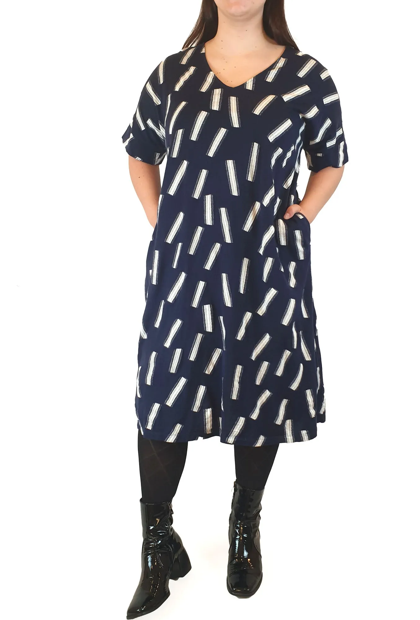 Elk navy dress with white stripe print size M/L, easily fits up to a size 16