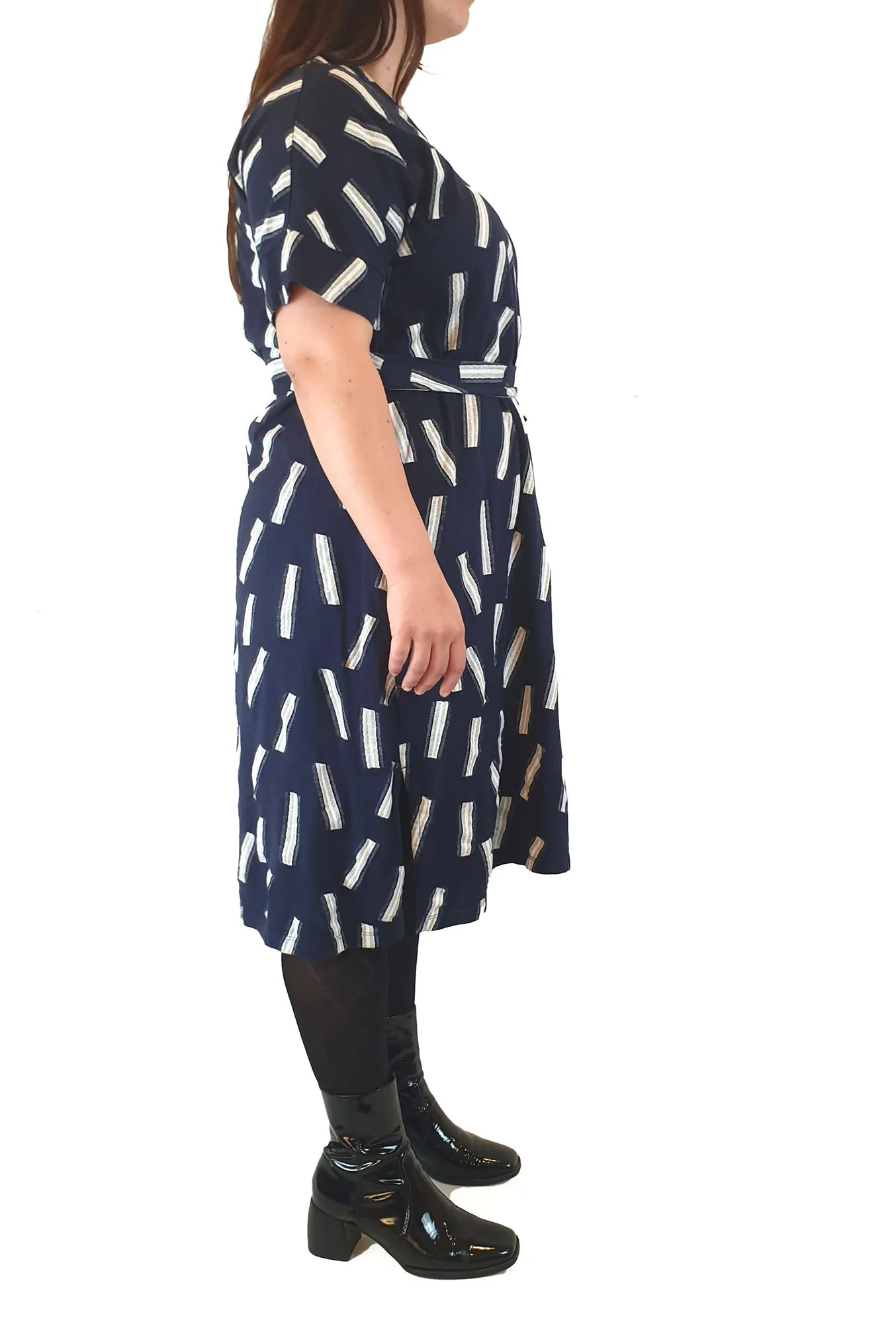 Elk navy dress with white stripe print size M/L, easily fits up to a size 16