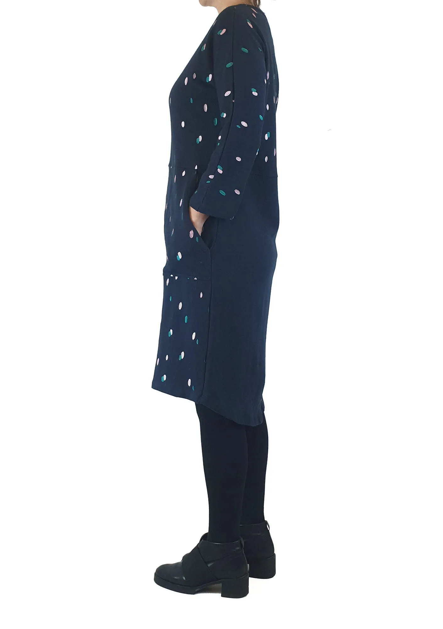 Elm navy jumper dress with cute pink and green embroidery size 8
