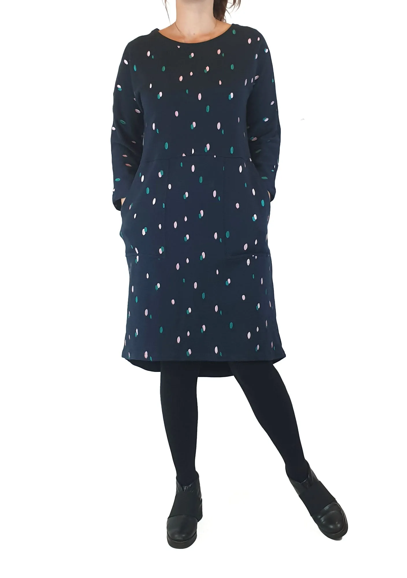 Elm navy jumper dress with cute pink and green embroidery size 8