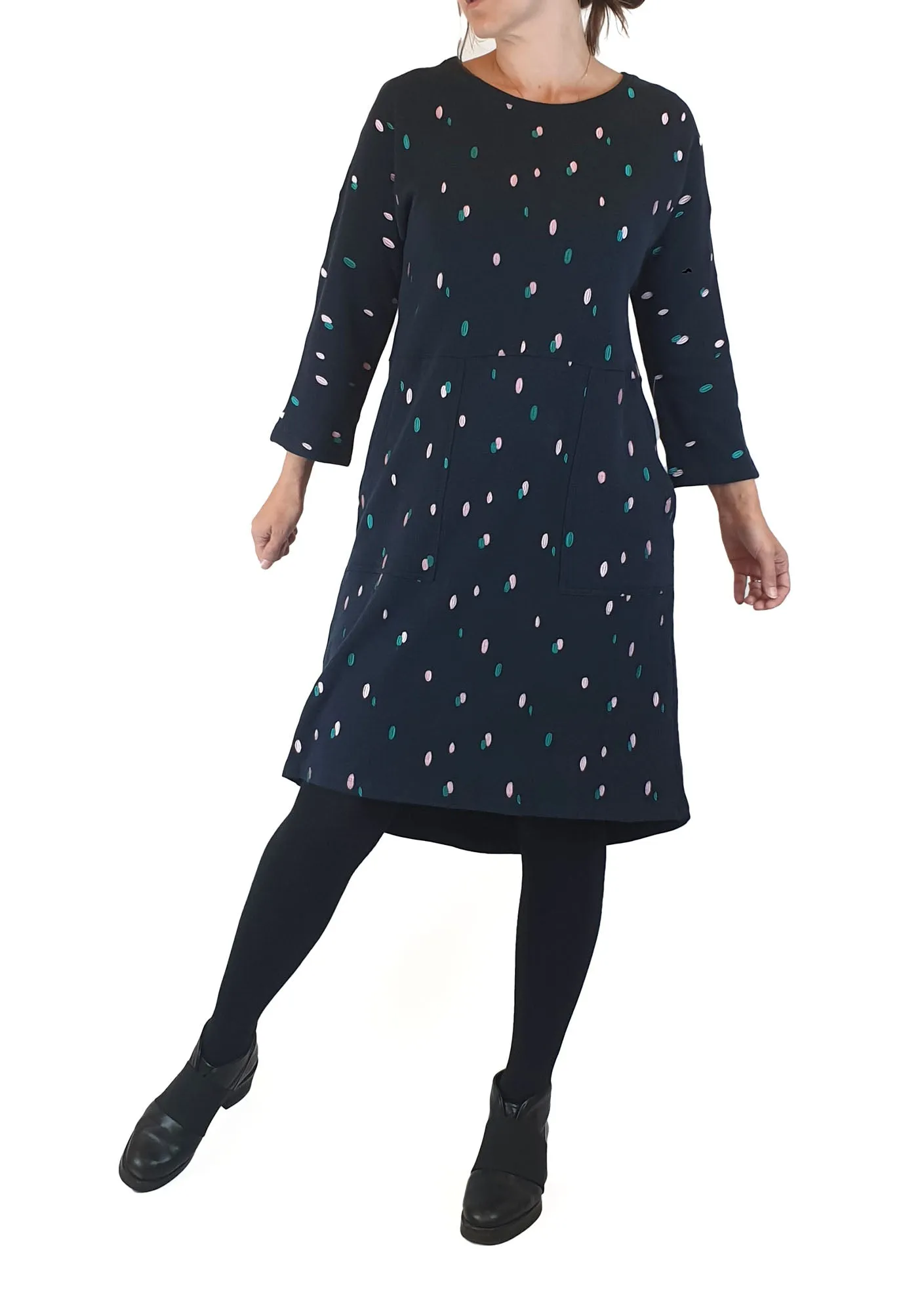 Elm navy jumper dress with cute pink and green embroidery size 8