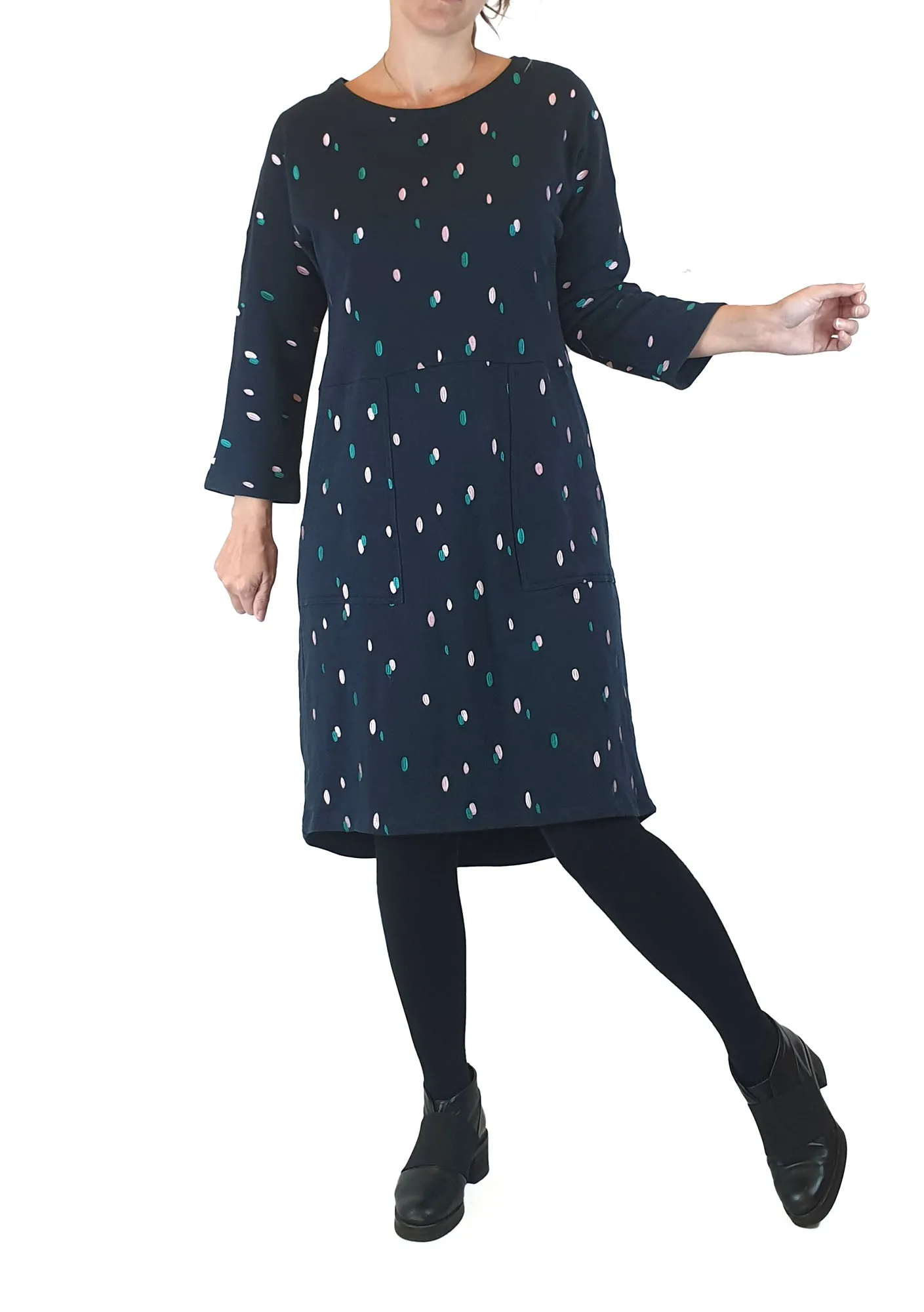 Elm navy jumper dress with cute pink and green embroidery size 8