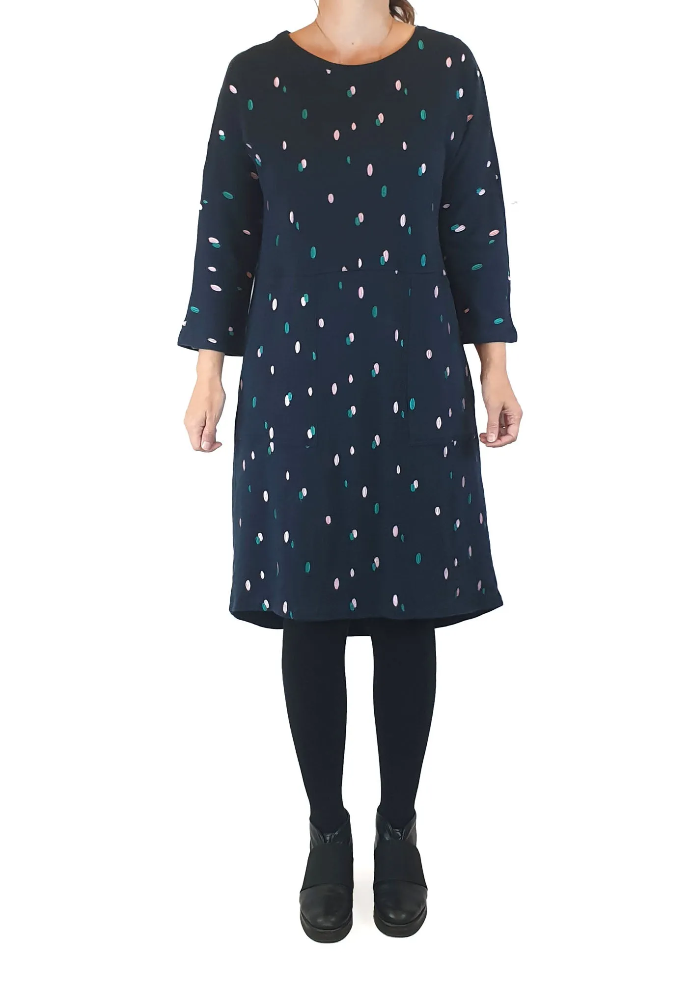 Elm navy jumper dress with cute pink and green embroidery size 8