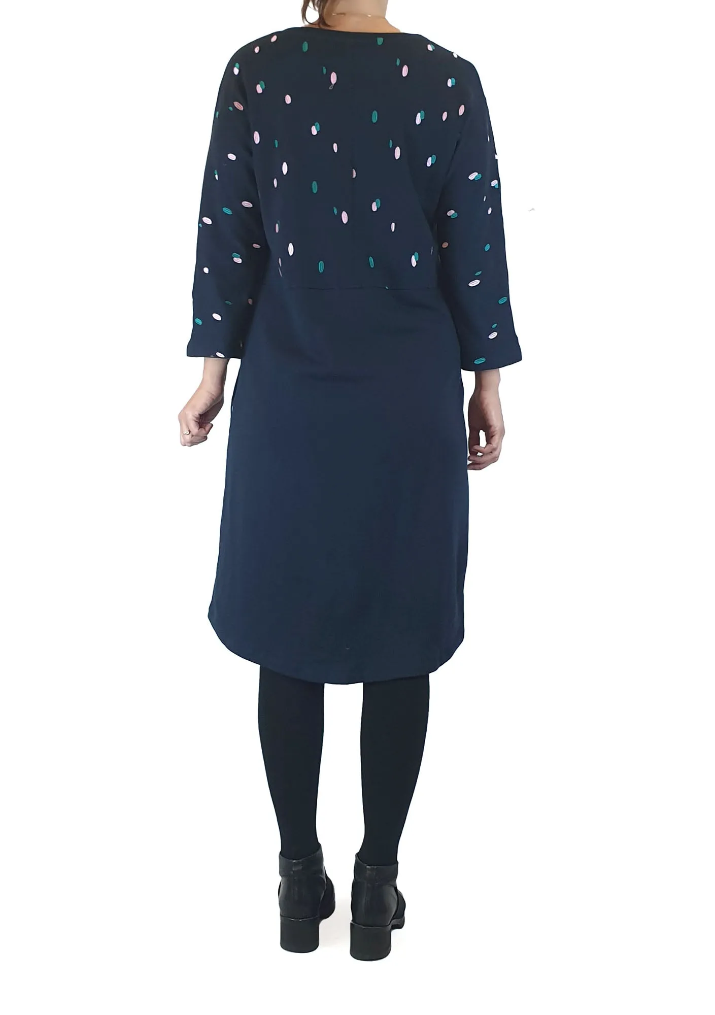 Elm navy jumper dress with cute pink and green embroidery size 8