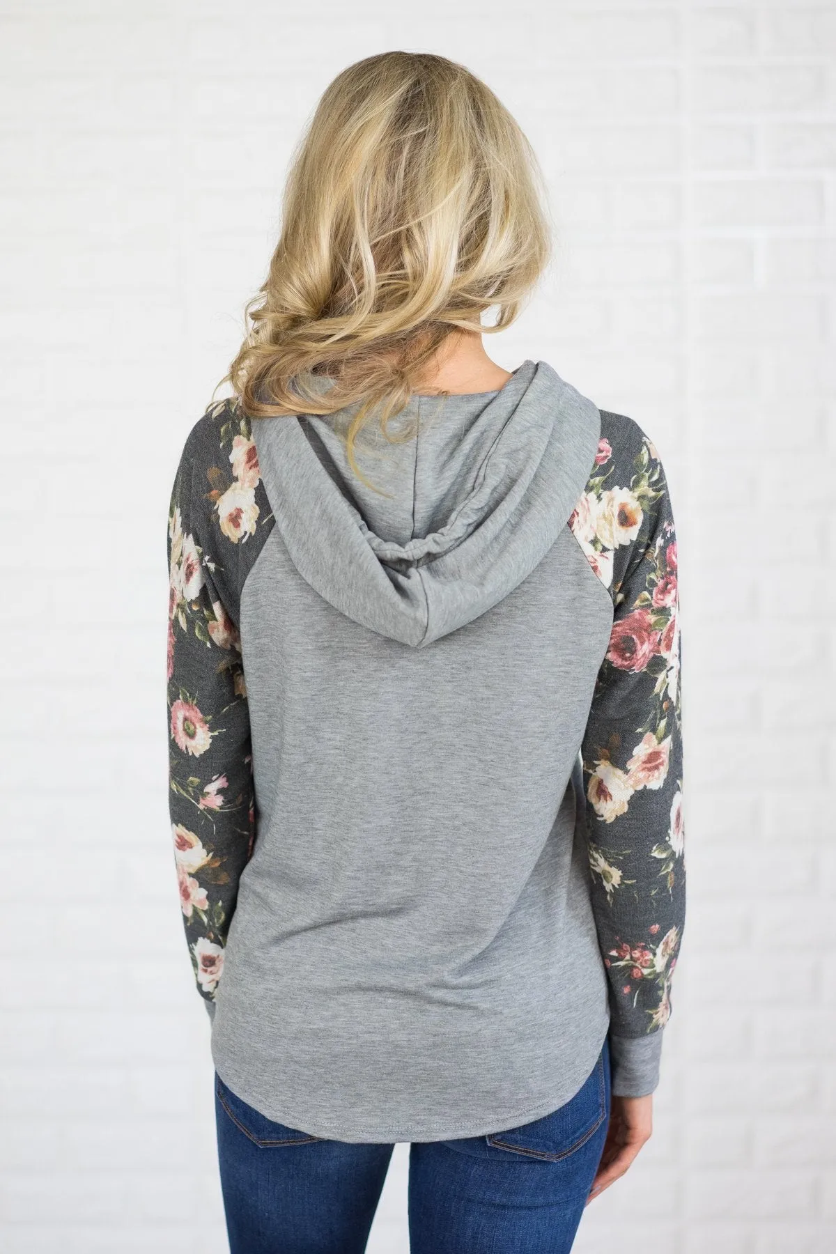 Floral Sleeve Hoodie - Grey