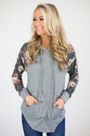 Floral Sleeve Hoodie - Grey
