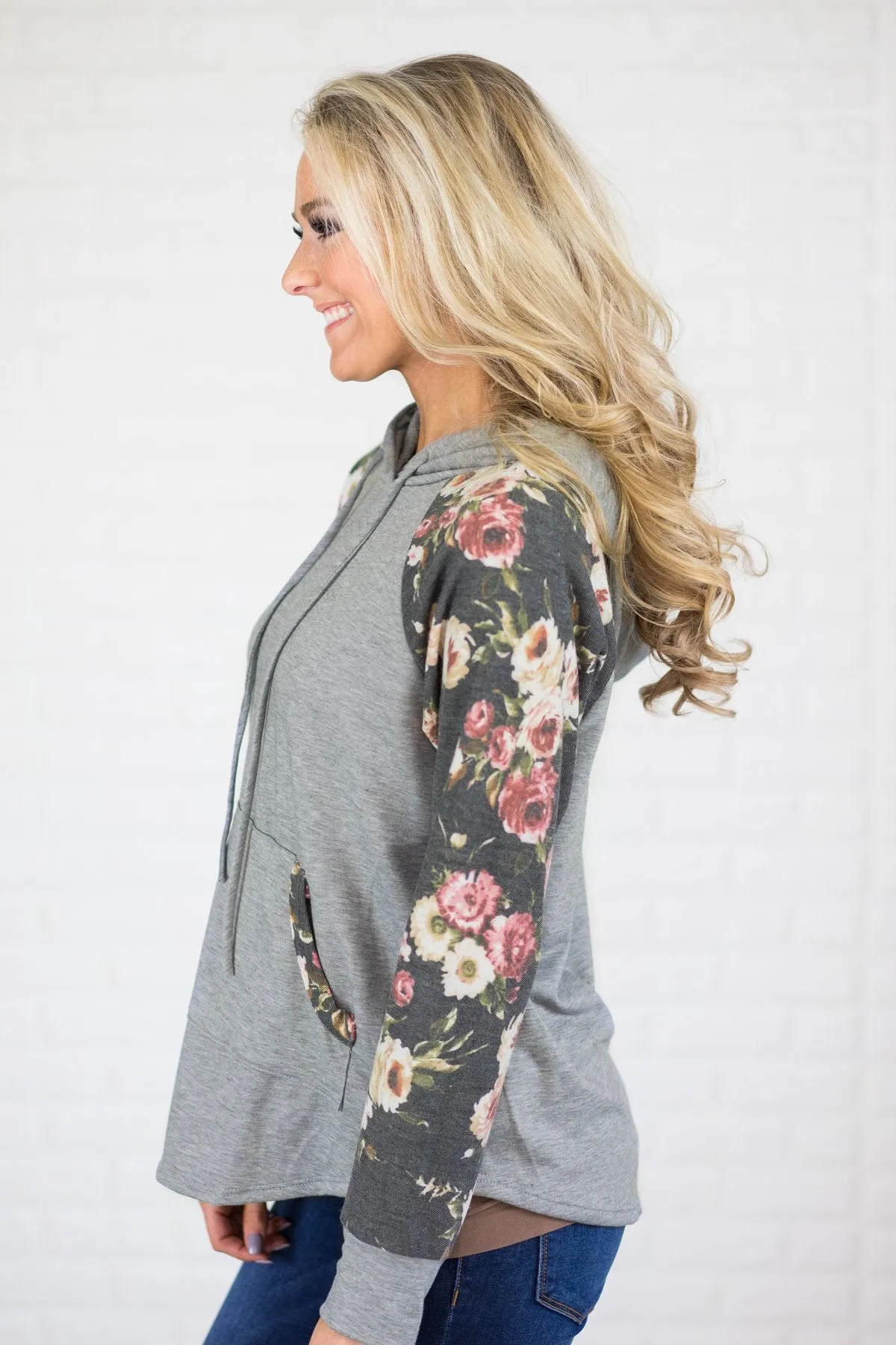 Floral Sleeve Hoodie - Grey