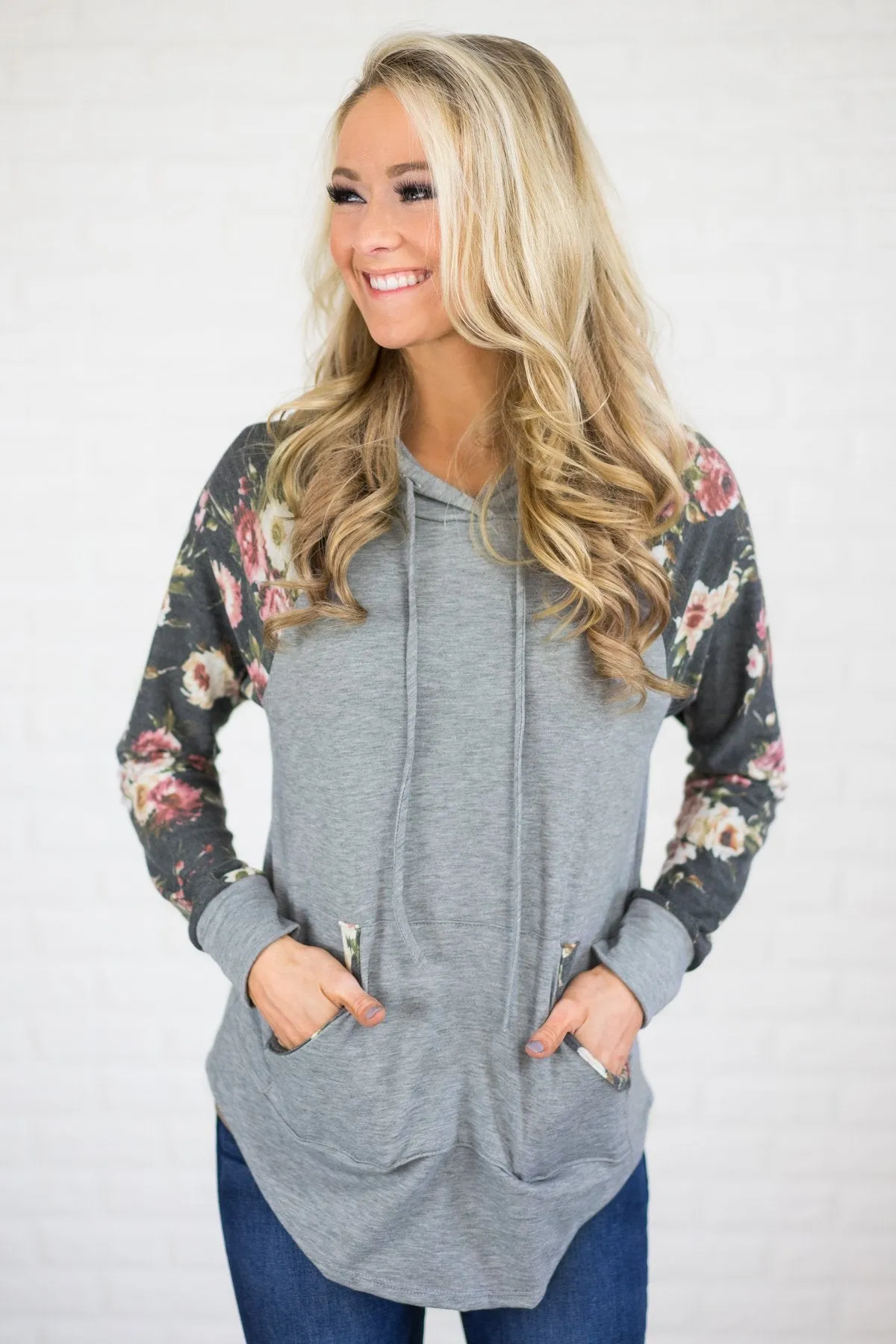 Floral Sleeve Hoodie - Grey