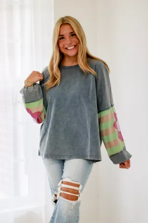 Friends Forever Floral Pullover in Washed Denim